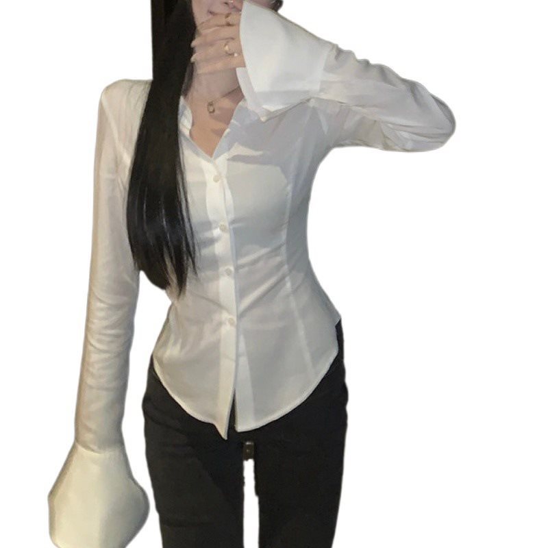 streetwear outfits Hot Girl Chic Bell Sleeve Lace-up Shirt Women's Autumn Black Shirt Tight Waist French Tight Waist Top