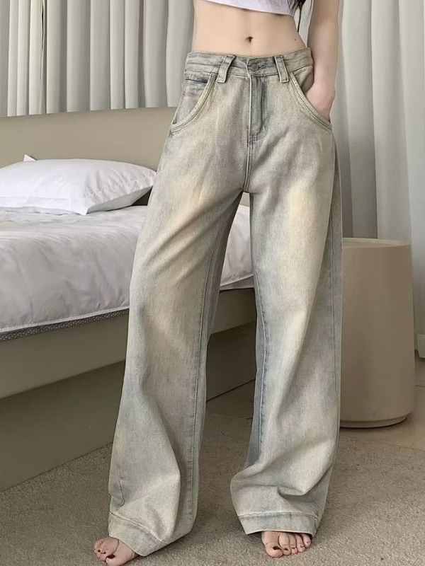 outfit inspo American High Street Distressed Jeans Women's Autumn Small High Waist Loose Slimming Washed Straight Mop Wide Leg Pants