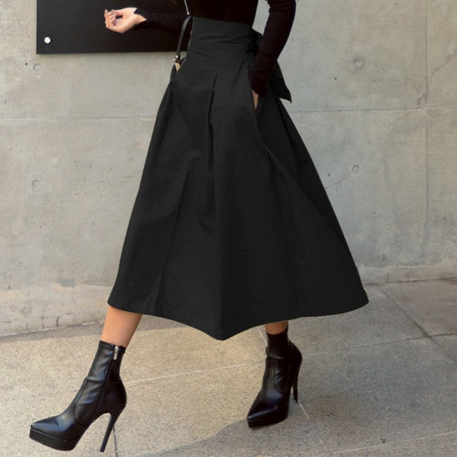 fashion outfits Women's Spring Women's Solid Color Skirt A- Line Umbrella Skirt Bow Waist Large Swing Dress