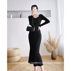 2000s fashion Gentle Hepburn Style Square Collar Knitted Dress Women's Autumn and Winter New Style with Overcoat Slim Fit Slimming Inner Sweater Dress