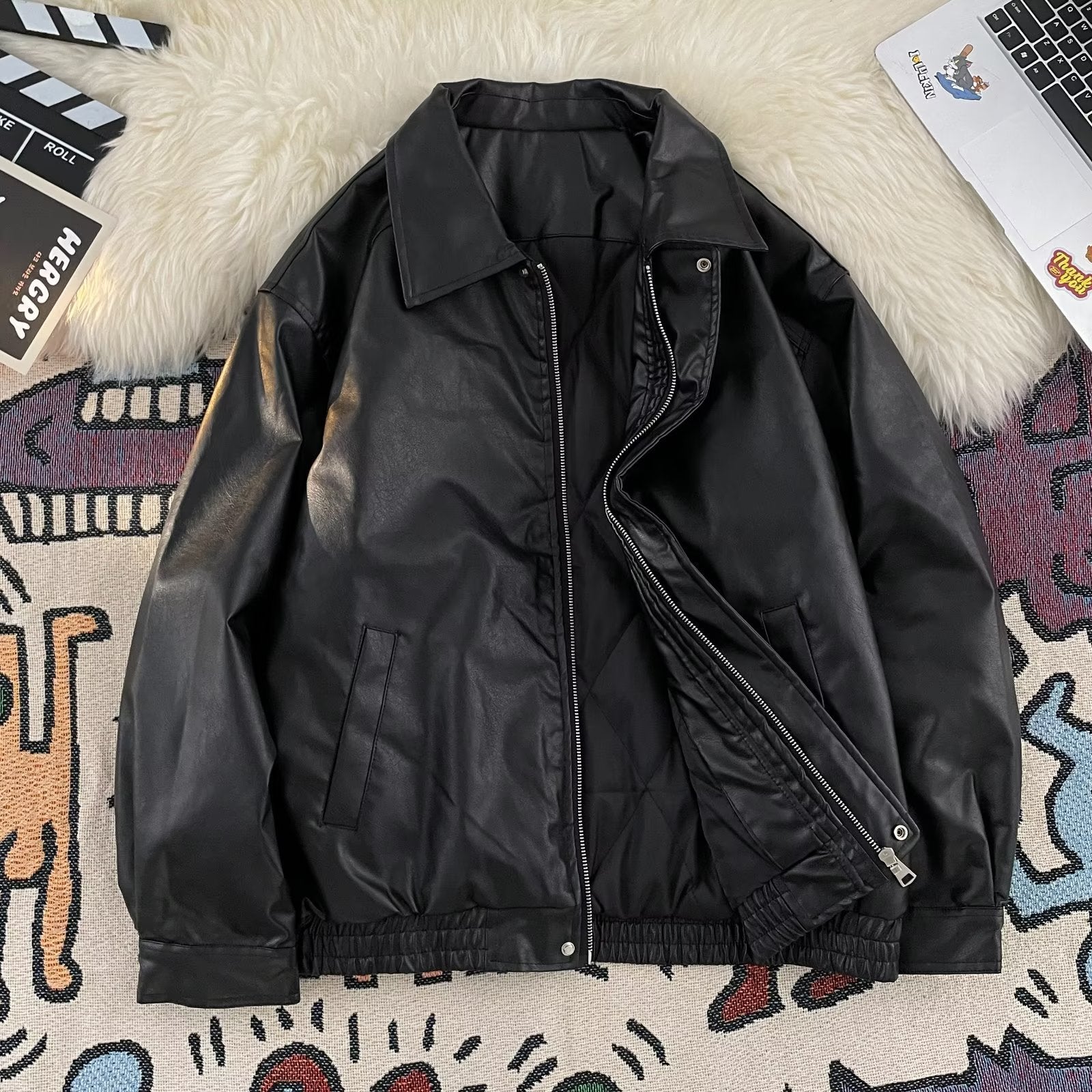 women’s outfits American High Street Cotton and Thickening Leather Coat Men's Loose plus Size Motorcycle Style Leather Coat High-Grade Top