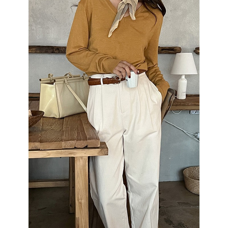 2000s fashion French Retro Khaki Straight Suit Pants Women's Spring and Autumn High Waist Korean Style Slimming Cover Chic Casual Long Pants