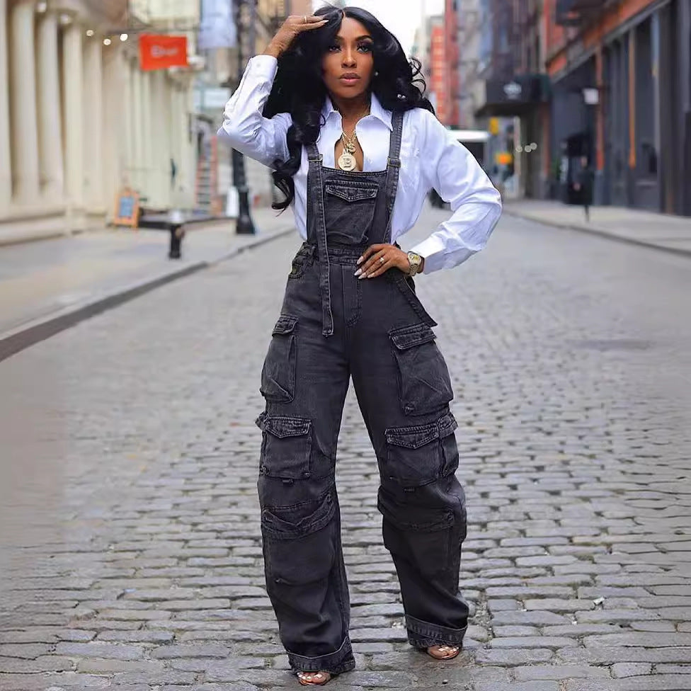 grunge outfits 2024 New Fashion Women's Loose Denim Suspender Pants Summer Street High Waist Multi-Pocket One-Piece Trousers