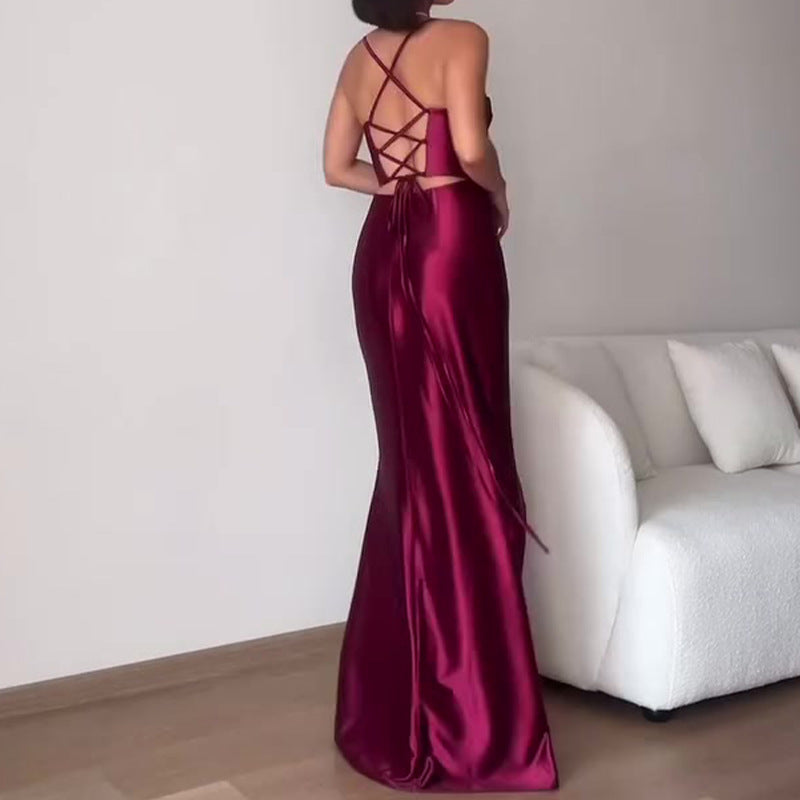 widow dress to impress Summer New Fashion Sexy Backless Red Strap Evening Dress Dress