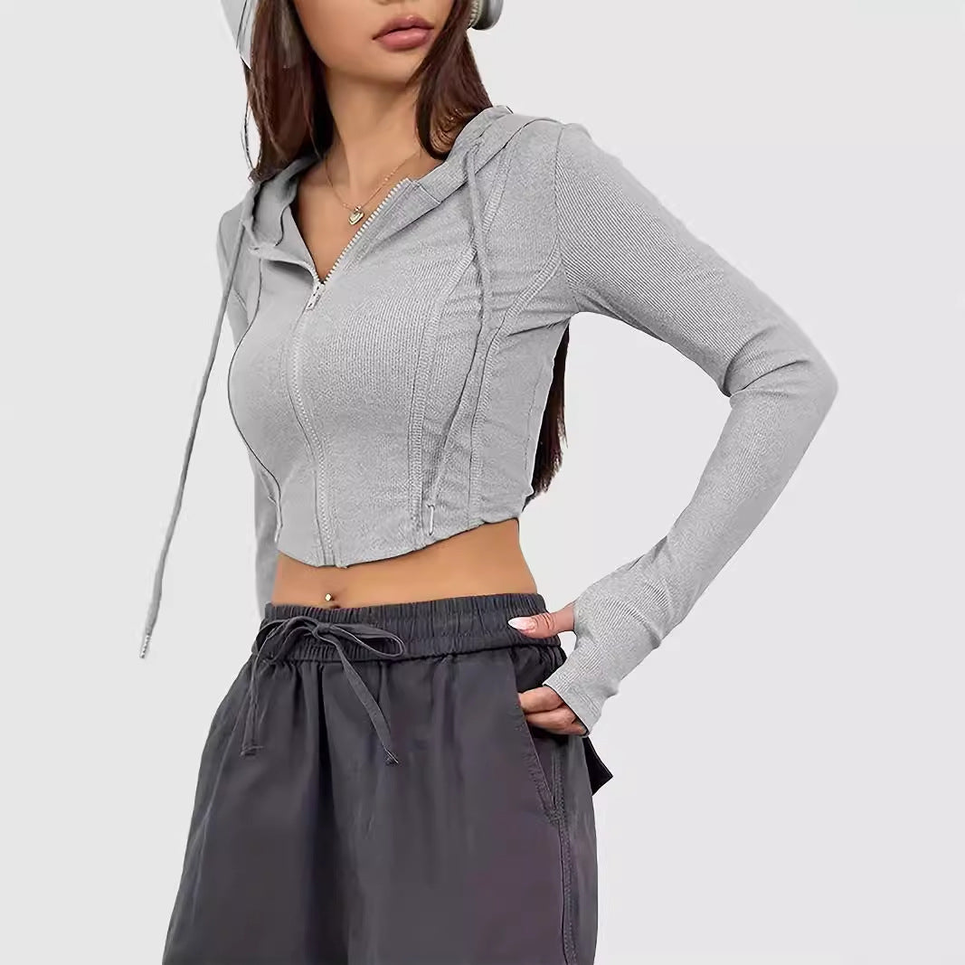 fall outfit Autumn Hooded Drawstring Waist Zipper Cardigan Top Slim Fit Sexy Navel Sports Short Coat for Women