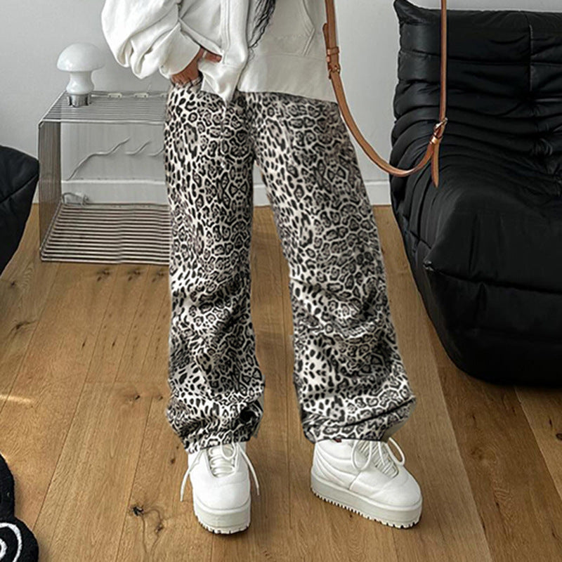 brunch outfit fall Street Casual Loose Lace-up Leopard Print Pants American Retro Slimming Straight Wide Leg Pants for Women