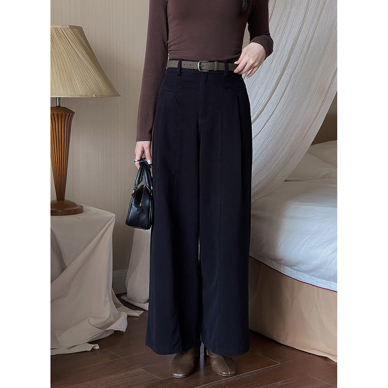 fall outfits women Pear-Shaped Song Ming Vintage Brushed Casual Pants Women's Autumn Straight Wide-Leg Pants