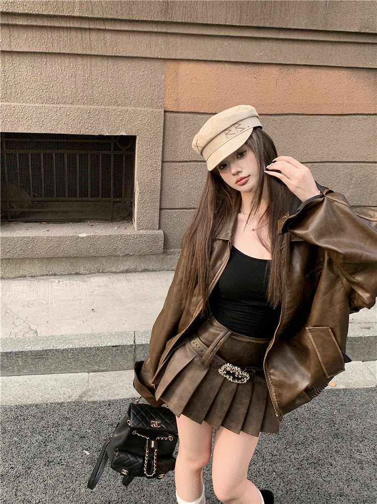 y2k outfits Retro Black Lapel Long-Sleeved PU Leather Coat for Women Autumn Cool Lady Suit Pleated Skirt Two-Piece Suit