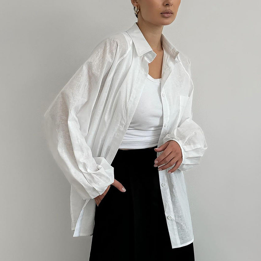 casual dinner outfit fall Fashionable Classic White Cotton and Linen Loose Lapel Lantern Sleeve Pocket Top Autumn and Winter Elegant Women's Shirt