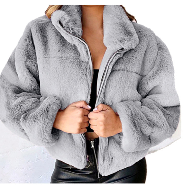 Women's Autumn and Winter Rabbit Fur Faux Fur Zipper Cardigan Plush Warm Coat