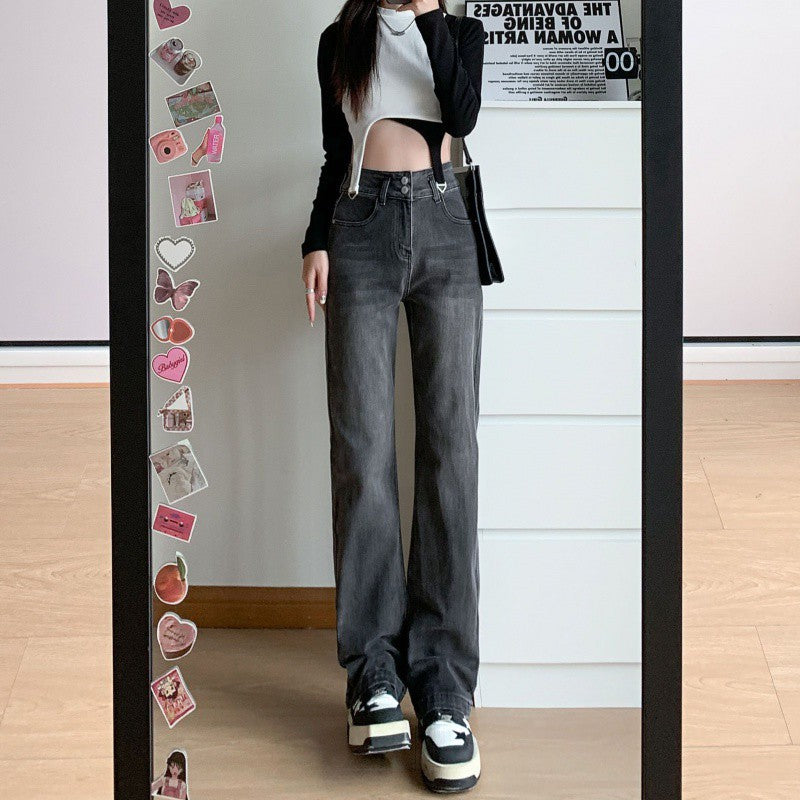 2000s fashion Retro High Waist Straight Jeans Women's Autumn New Narrow Wide Leg Pants Black Gray Slimming Pipe Pants