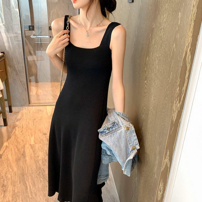 outfit inspo fall Black Suspender Skirt Bottoming Knitted Sling Dress Vest Skirt for Women New Slim Slimming Midi Dress