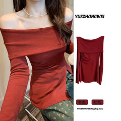 christmas costumes women French-Style off-Shoulder Split Long-Sleeved Sweater Women's Autumn Hot Girl Slim Bottoming Shirt Top