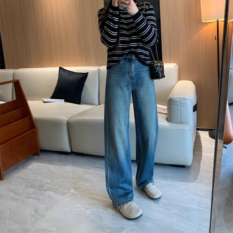 women’s outfits Narrow Denim Blue High Waist Slimming Straight Jeans Women's Trousers Wide Leg Draping Mop Pants