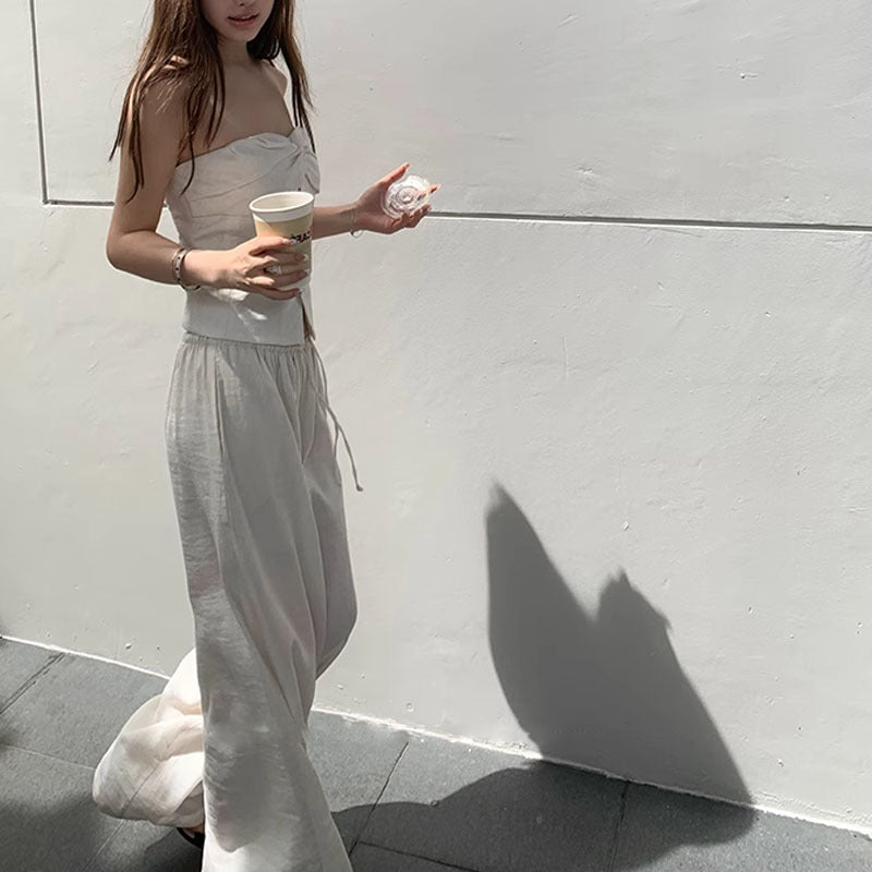 first day of school outfit summer Old Qian Style Tube Top Mop Pants Suit Cotton Linen Wide Leg Pants Casual Pants Women's Summer Design Sense Niche 2-Piece Suit