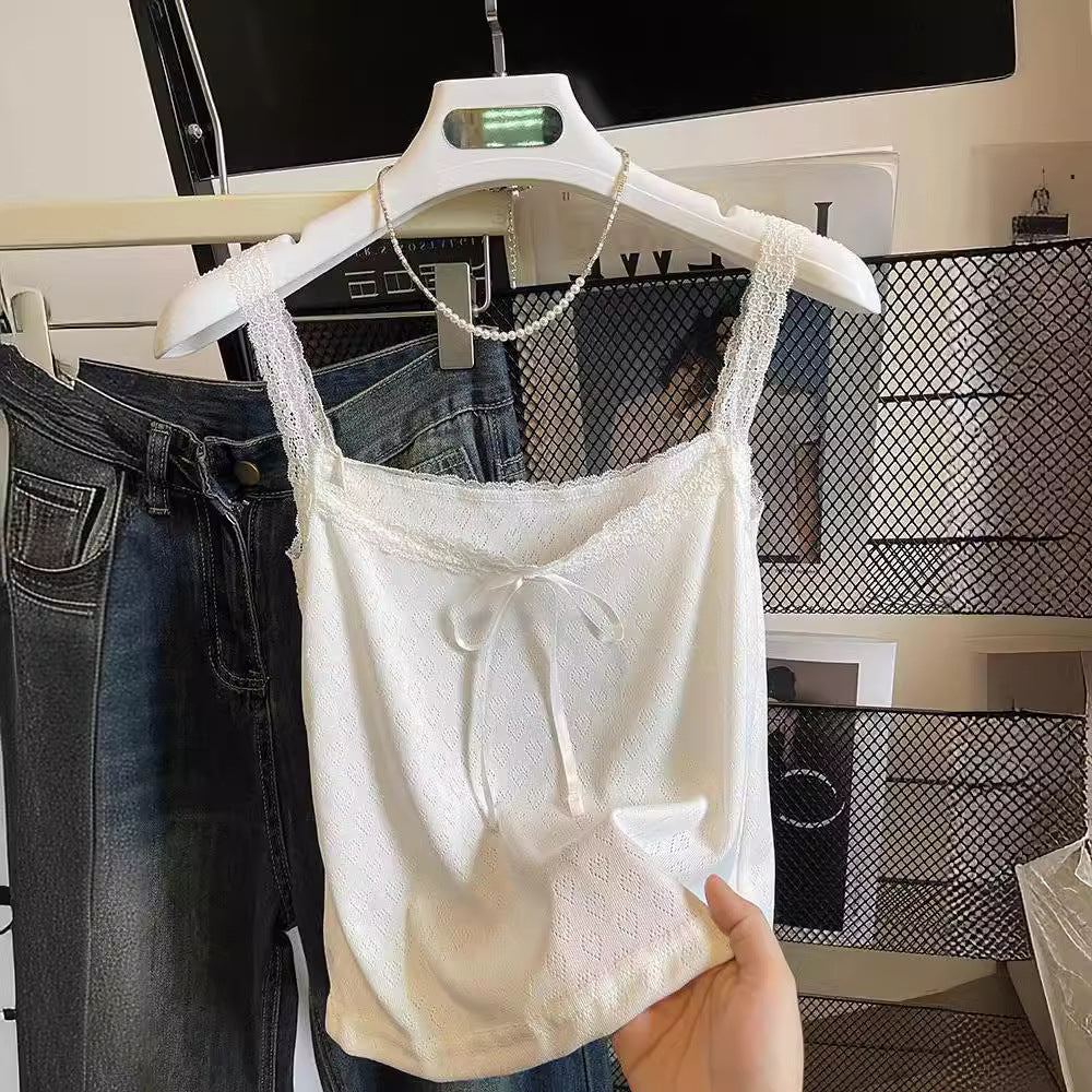 y2k outfits Lace Camisole Women's White Navel Top Women's Lace Bow Slim Summer Small Camisole