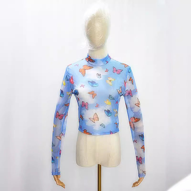 hipster Women's Mesh Hollow Butterfly Print Long-Sleeved Cropped T-shirt Bottoming Shirt for Women