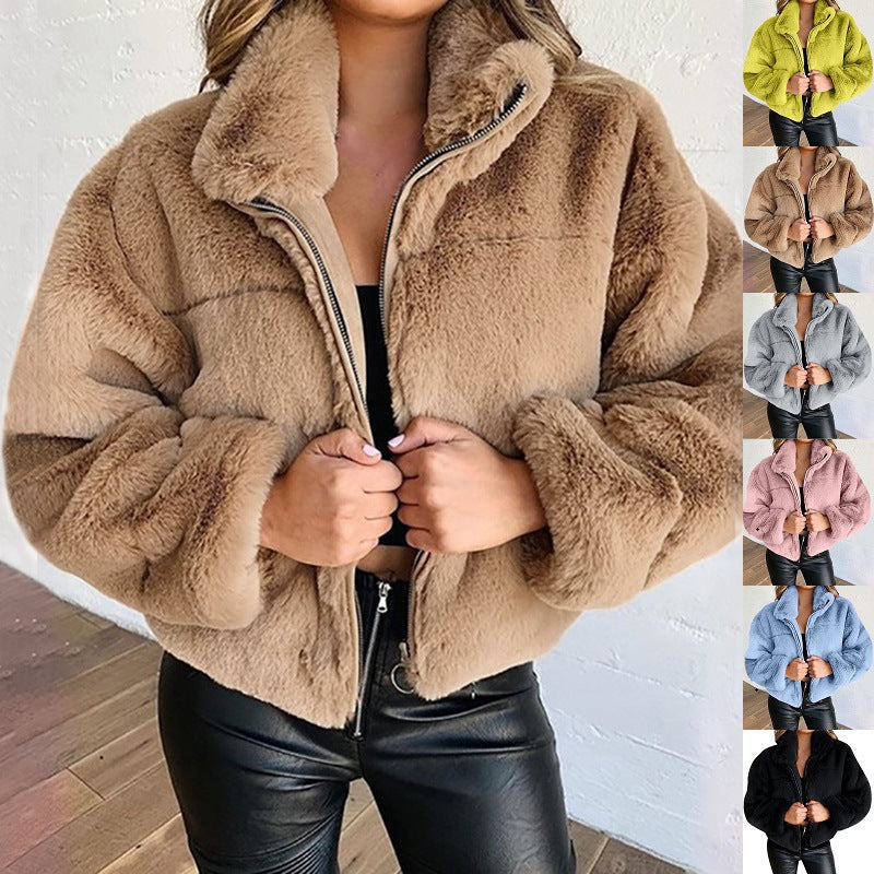 Women's Autumn and Winter Rabbit Fur Faux Fur Zipper Cardigan Plush Warm Coat