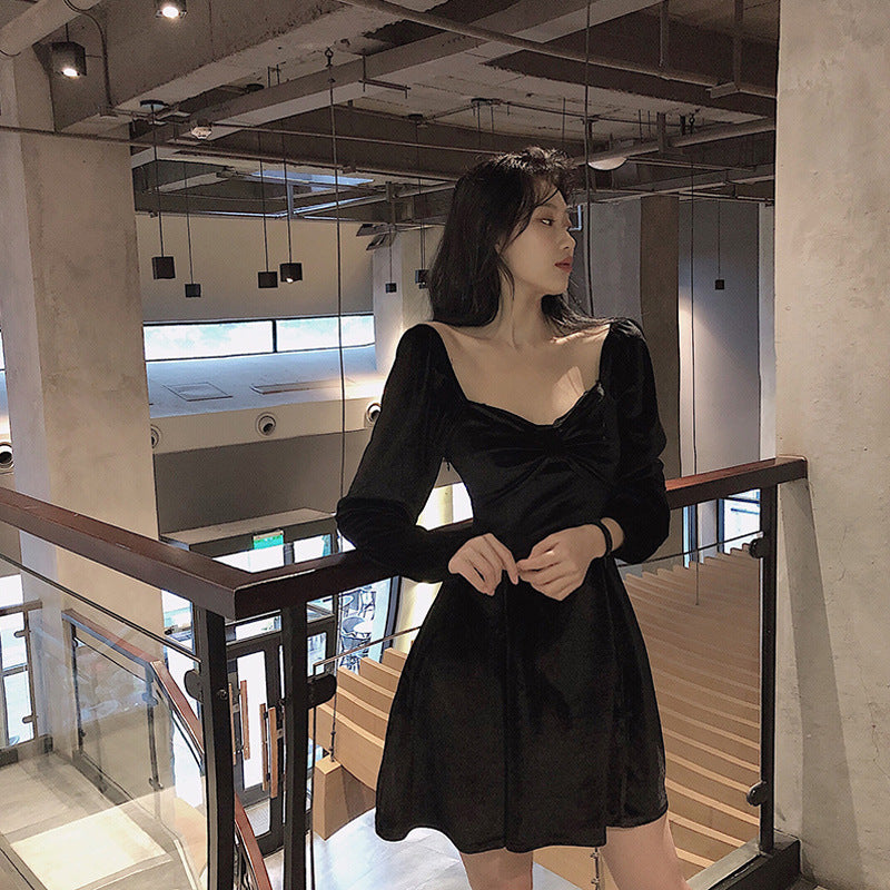 new year outfit French Style Dress New Year Clothes Women's Battle Dress Hepburn Style Velvet Dress Red Retro Square Collar Bottoming Dress