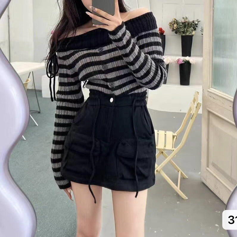 long sweater dress outfit Off-Neck Striped Pleated Sweater Women's Chic Slim Top Autumn Short Long Sleeve