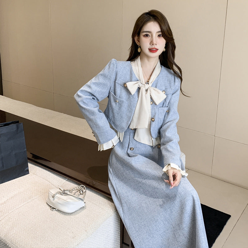 work outfits women French Style Chanel Style Elegant Socialite Western Style Blue Dress Two-Piece Suit New Women's Autumn