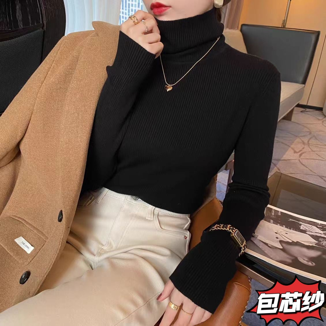tailgate outfit black women Turtleneck Sweater Women's Autumn and Winter Pullover Long Sleeve Slim Fit Slimming Bottoming Shirt Women's Sweater Top