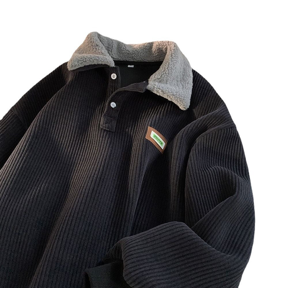mens fall outfits Corduroy Polo Collar Sweater Autumn and Winter Fleece-lined Thickened Lamb Wool Coat Men's Winter Hong Kong Style Teenagers