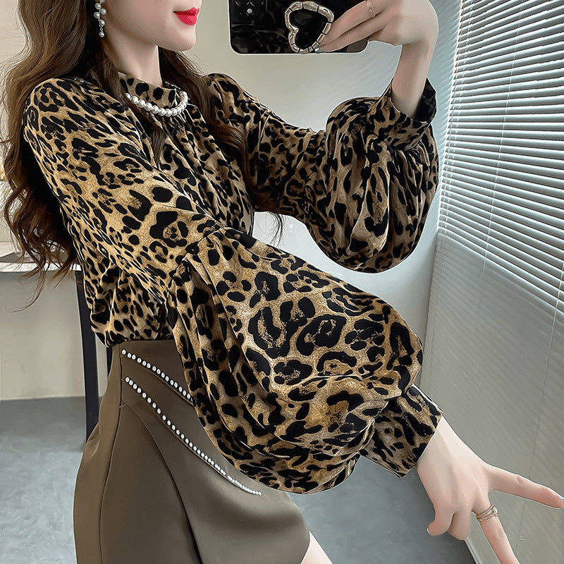 business casual outfits Leopard Print Fashion Top Independent Lantern Sleeve Loose Temperament Shirt for Women