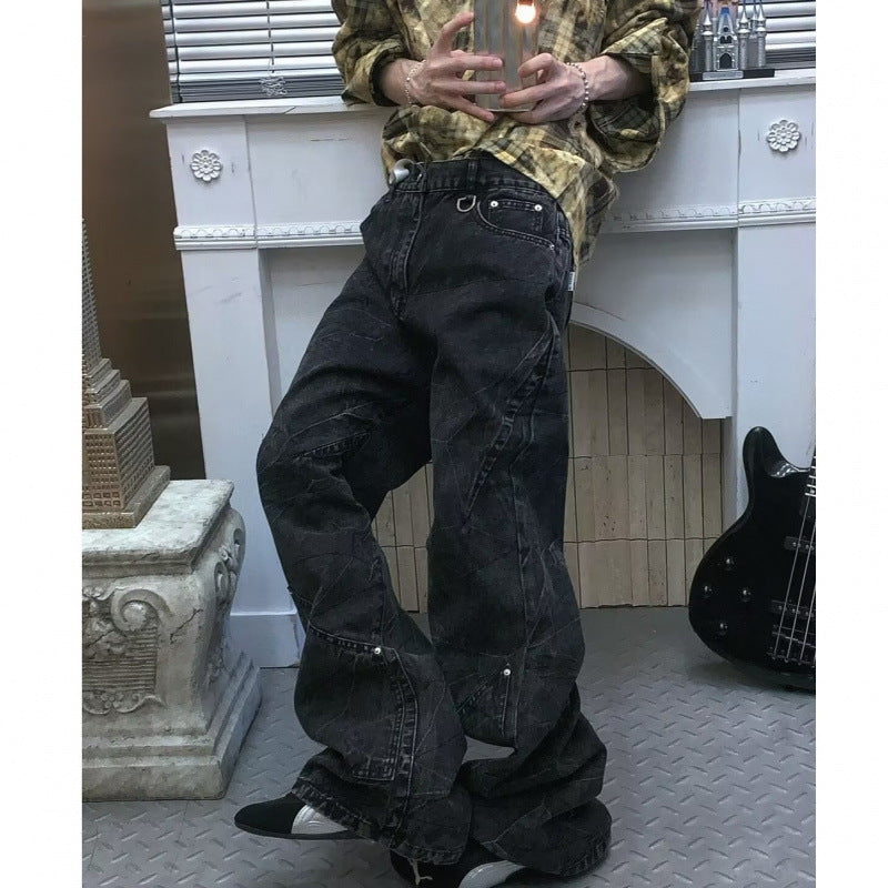 grunge dti American Retro Structural Design Split Workwear Jeans Men's and Women's Early Autumn Waste Soil Style Street Hot Girl Wide Leg Trousers