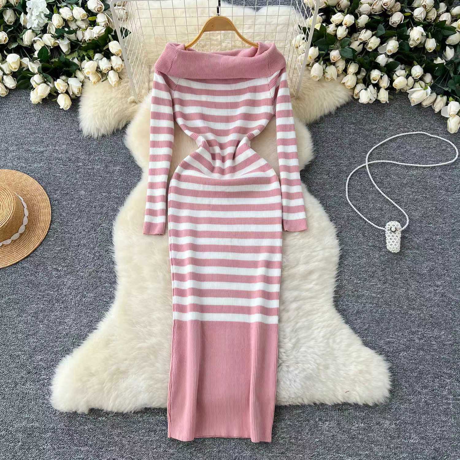 long sweater dress outfit Autumn and Winter Elegant Slim-Fit Sheath Slimming off-Shoulder Collarbone Black and White Stripe Knitted Dress