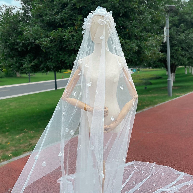 couple halloween costumes French White Flower Pearl Super Long Trailing Wedding Wedding Veil Bridal Main Wedding Travel Photography Headdress