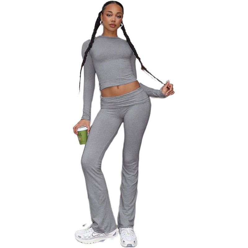 shoes Style Autumn Pure Color Elegant Casual Sports Style High Waist Tight Navel Pants Suit for Women