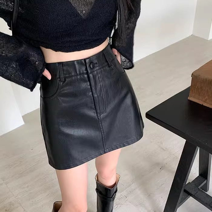 y2k New Sweet and Spicy Style Short Small Leather Skirt Autumn and Winter Versatile High Waist A- line Skirt One-Step Skirt PU Leather Skirt