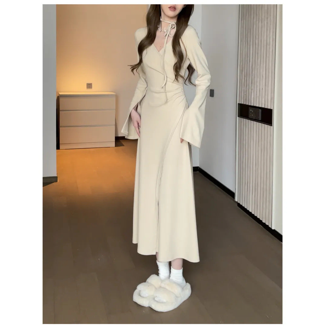 supernatural dress to impress Girl Style V-neck Irregular Waist Pleated Long Sleeve Lace-up Dress Slimming Autumn New Dress