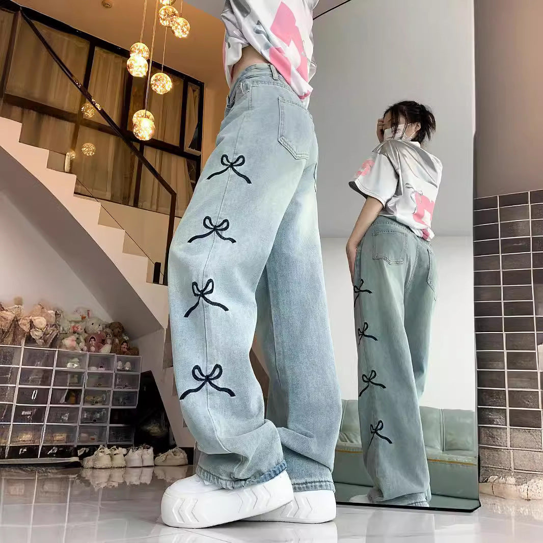 outfit ideas for school Women's Bowknot Embroidered Light-Colored Jeans Summer New Loose Straight Wide-Leg Mop Long Pants