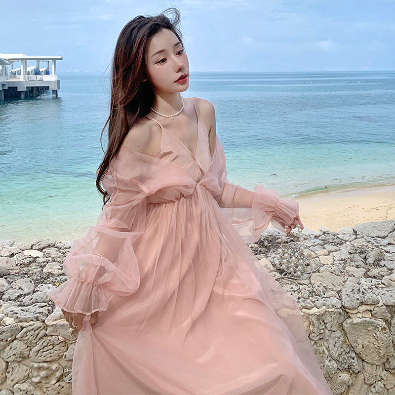 detective vs suspect dress to impress French Style Sexy High-Grade Strap Pink Mori Fairy Dress Sanya Seaside Vacation Photography Beach Dress for Women