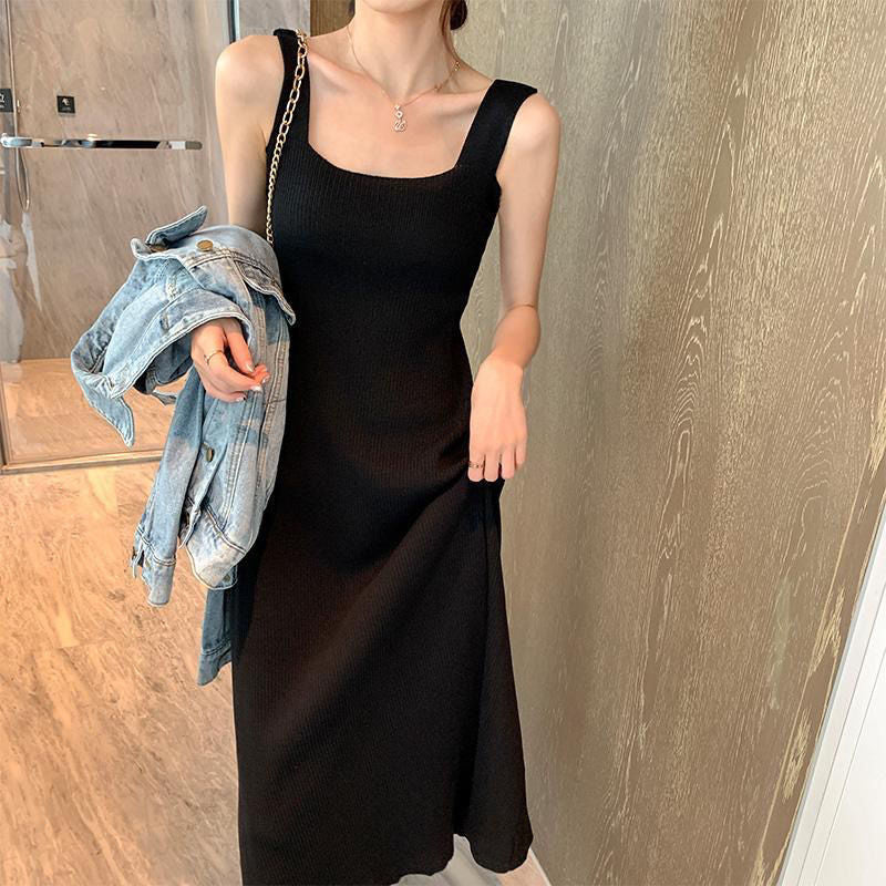 outfit inspo fall Black Suspender Skirt Bottoming Knitted Sling Dress Vest Skirt for Women New Slim Slimming Midi Dress