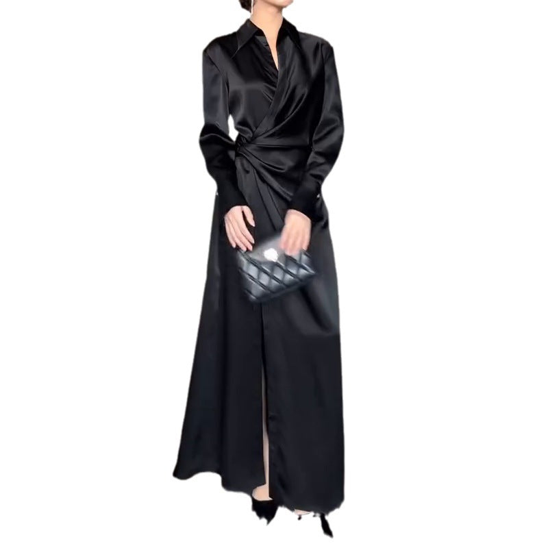 black sweater dress outfit Women's Autumn Solid Color Lapel Elegant Lace-up Slim Fit Dress Women