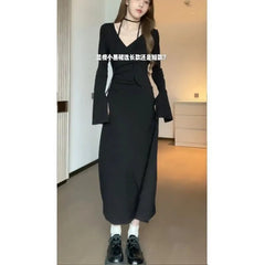 supernatural dress to impress Girl Style V-neck Irregular Waist Pleated Long Sleeve Lace-up Dress Slimming Autumn New Dress