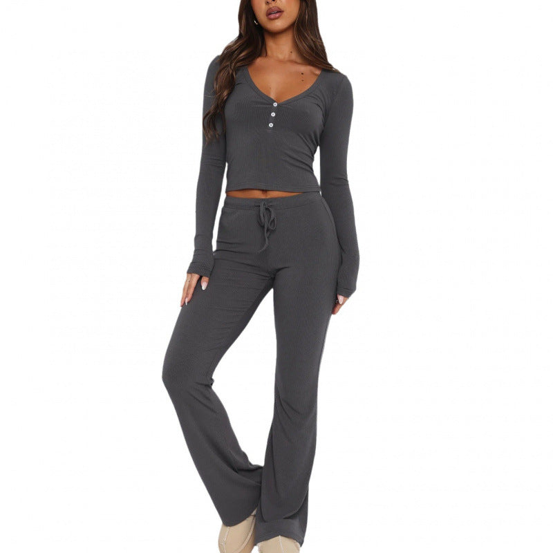 comfy school outfits 2024 Spring and Autumn New Suit Long Sleeve Button Solid Color Tight Top and Trousers Two-Piece Set for Women