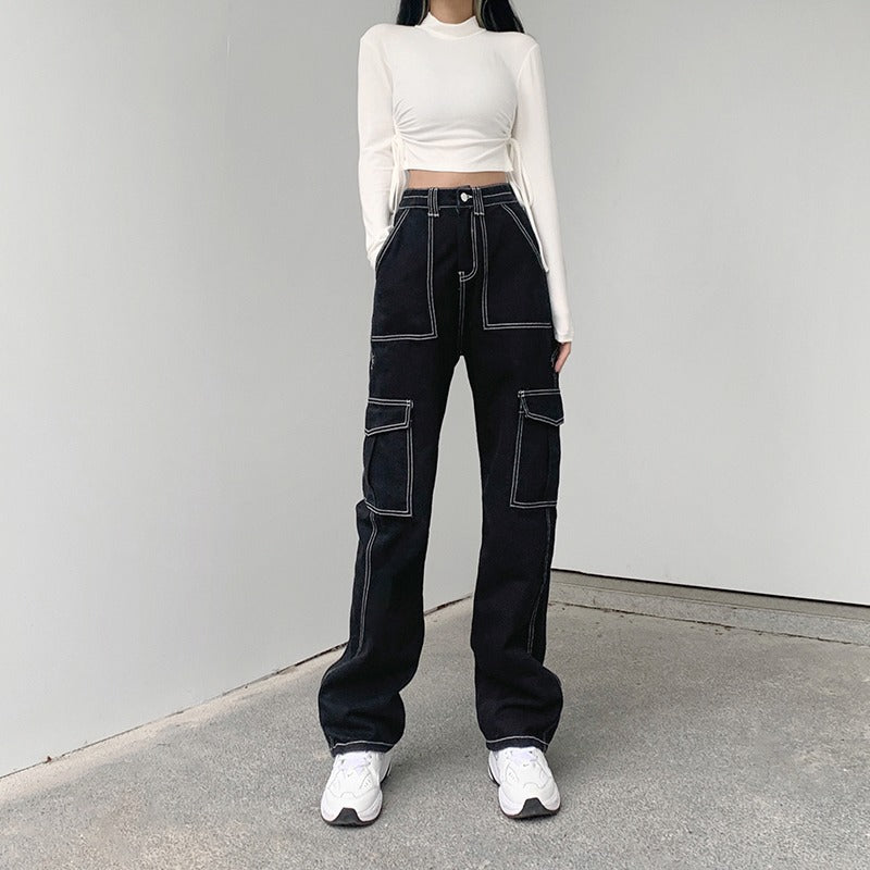 black sweater dress outfit High Waist Super Slimming Bright Line Air Jeans Women's Loose Street Casual Style Wide Leg Overalls Fashion
