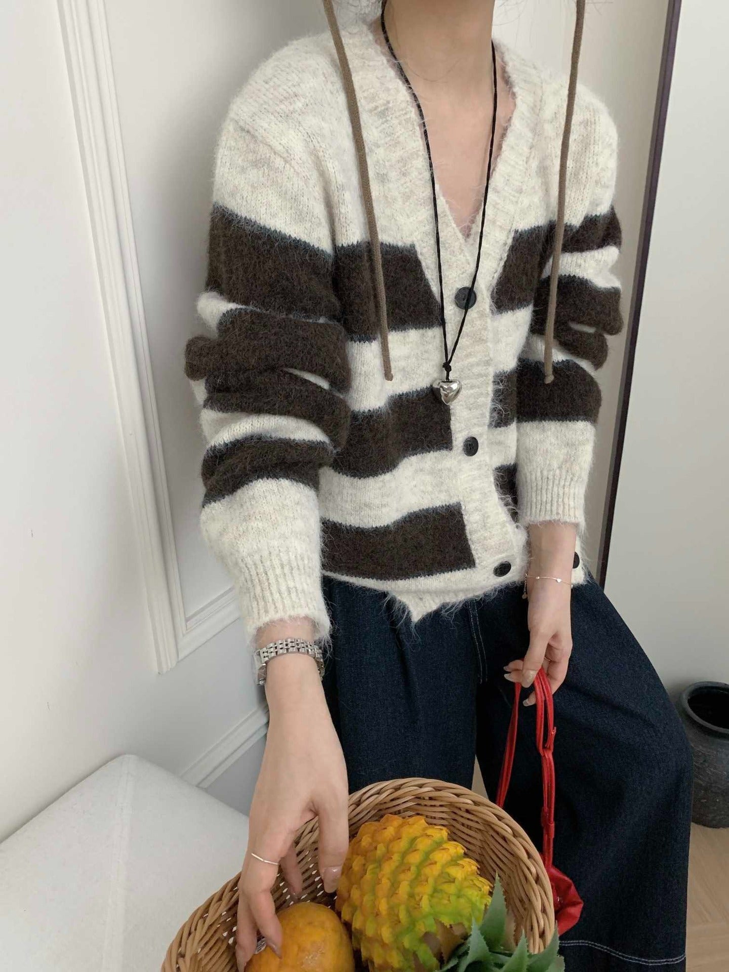 cold weather outfits Retro Contrast Color Wide Striped V-neck Knitted Cardigan Women's Autumn and Winter Lazy Loose Soft Glutinous Sweater Coat Top