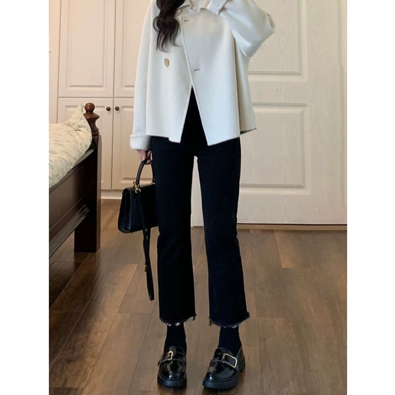 business casual outfits Black High Waist Straight Jeans for Women Spring and Autumn Small Pear-Shaped Thick Leg Wide Leg Wide Leg Pants