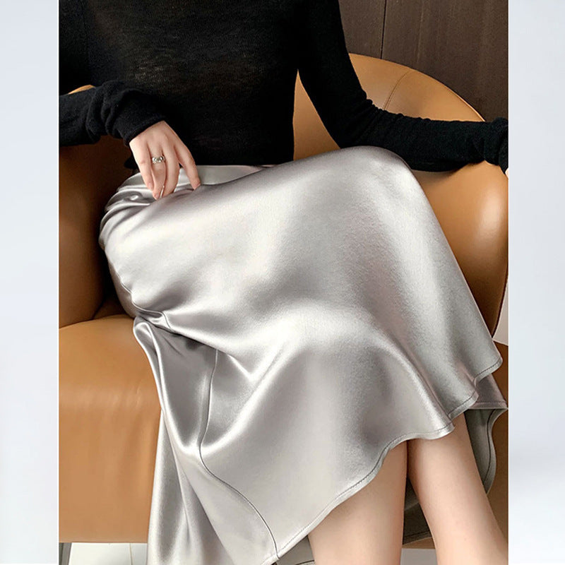 business casual outfits Satin Skirt Women's High Waist Acetate Sheath Fishtail A- line Skirt Summer Mid-Length Skirt
