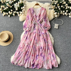 android vs cyberborg dress to impress French Elegant Elegant Dress Women's High-Grade Lantern Sleeve Waist Slimming V-neck Printed Ruffled Dress
