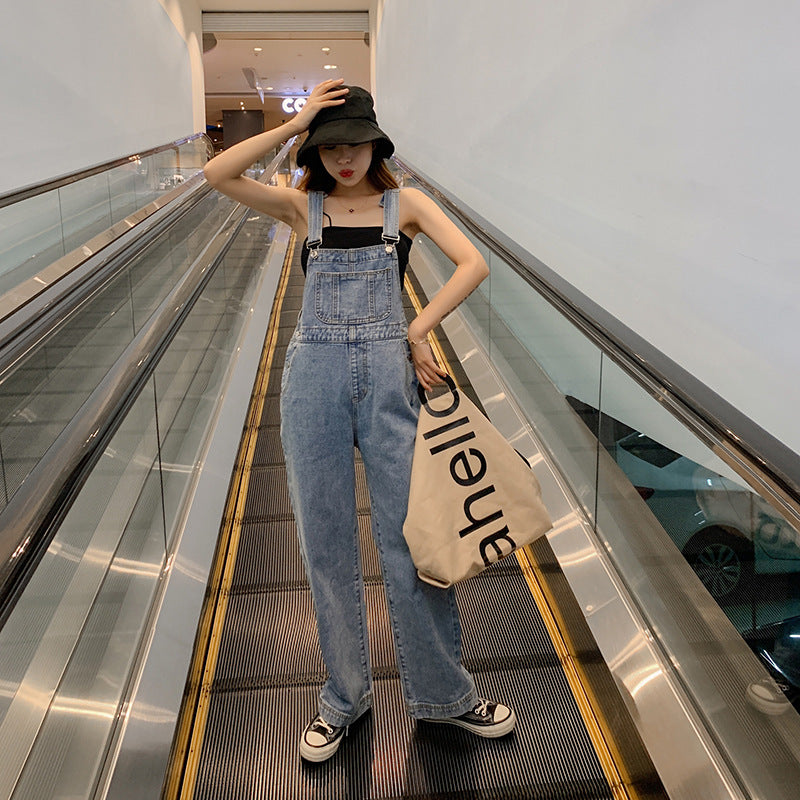 summer outfits inspo Internet Celebrity Retro Straight Denim Suspender Pants Women's Summer Korean Style Hong Kong Style Loose Draping Western Style Age-Reducing Wide Leg Pants