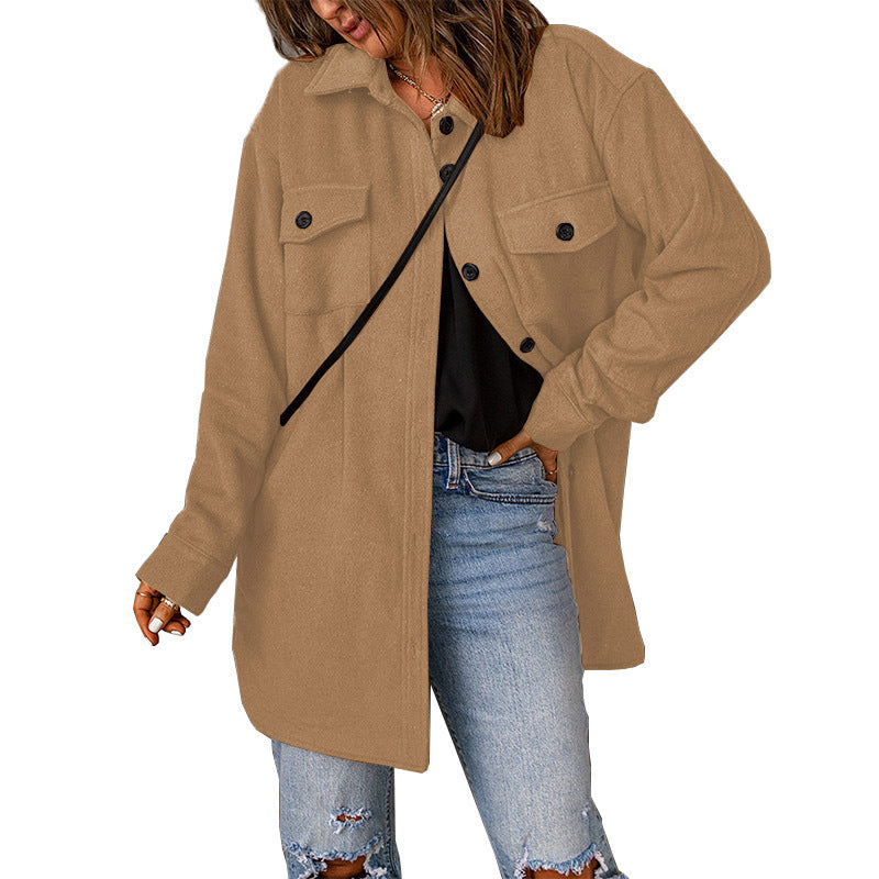 Corduroy Coat for Women Winter New Solid Color Single-Breasted Casual Lapel Woolen Coat for Women