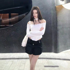 calico hair Autumn and Winter Slim-Fit Slimming Halter One-Word Slim-Fit Slimming Long-Sleeved T-shirt Top Sexy Women