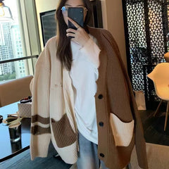 cold weather outfits Contrast Color Stitching Knitted Cardigan 2024 Autumn and Winter Korean Style Large Loose Lazy Style Sweater Coat