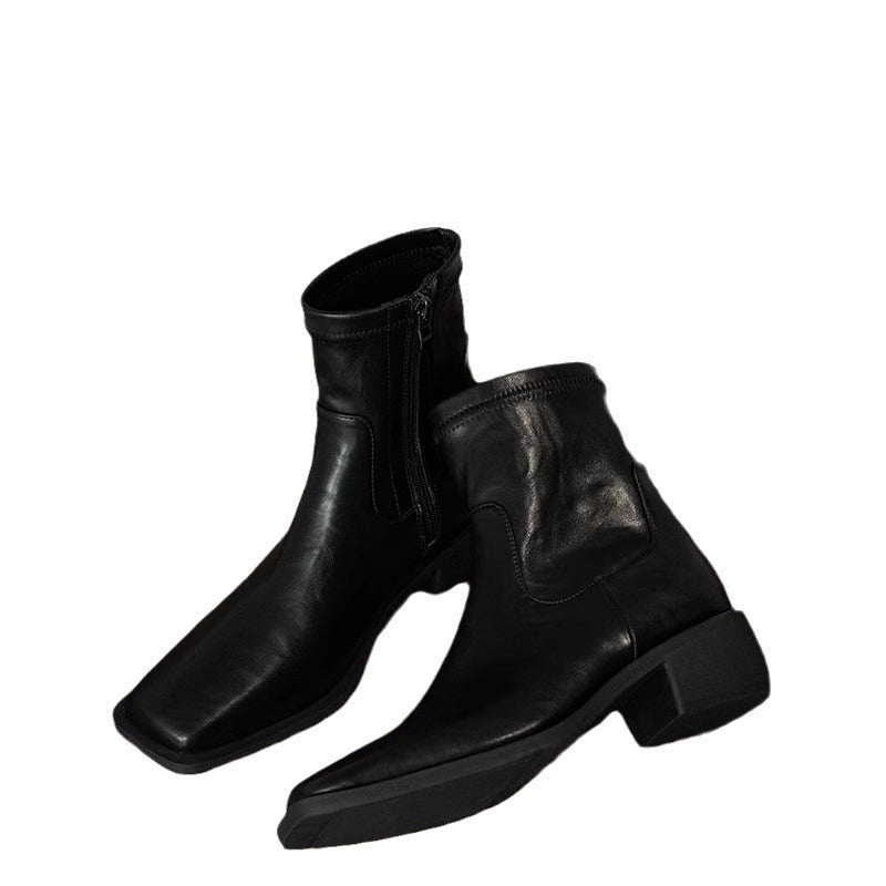 barn jacket outfits Cowhide Thin Boots Soft Bottom Comfortable Walking Boots Minimalist Commuter Versatile Square Toe Chunky Heel Ankle Boots High Heel Ankle Boots for Women